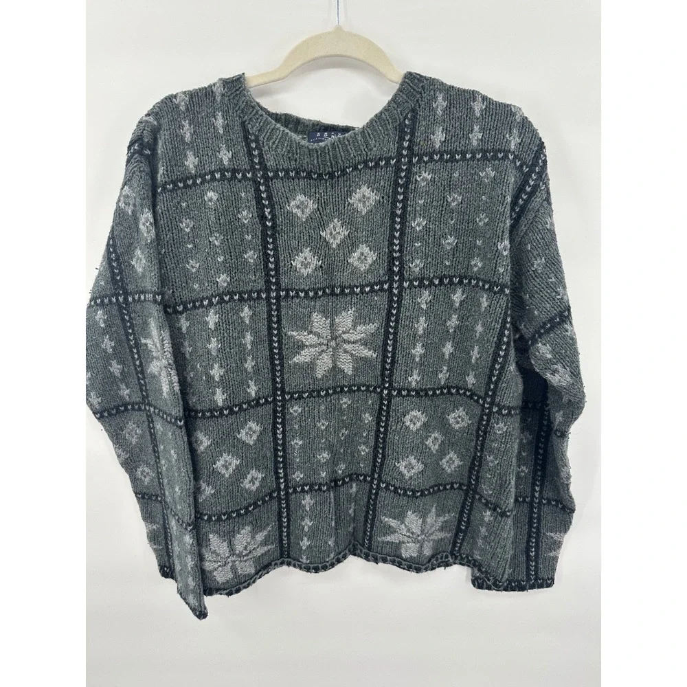 Crazy Horse Liz Claiborne Gray Fair Isle Snowflake Knit Sweater Womens S 1217 - Picture 2 of 8